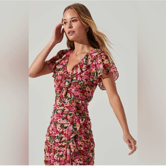 Astr the Label Vilma Floral Ruched Ruffle Detail Asymmetrical Hem Midi Dress - Picture 6 of 16